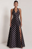 Halter White Black Polka Dot A Line Formal Dress