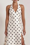 Halter White Black Polka Dot A Line Formal Dress