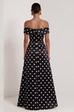 Off the Shoulder Black White Polka Dot A Line Maxi Formal Dress