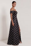 Off the Shoulder Black White Polka Dot A Line Maxi Formal Dress