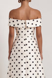 Off the Shoulder Black White Polka Dot A Line Maxi Formal Dress