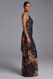 One Shoulder Cut Out Printed Ivory Maxi Formal Dress