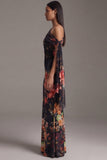 Floral Asymmetrical Neck Black Mermaid Ruched Formal Dress