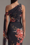 Floral Asymmetrical Neck Black Mermaid Ruched Formal Dress
