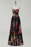 Black A Line Printed Ruched Maxi Formal Dress