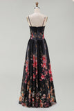 Black A Line Printed Ruched Maxi Formal Dress