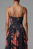 Black A Line Printed Ruched Maxi Formal Dress