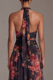 Halter Black A Line Printed Ruched Formal Dress