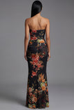 Strapless Ruched Black Mermaid Floral Formal Dress