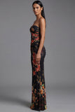 Strapless Ruched Black Mermaid Floral Formal Dress