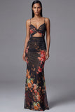 Mermaid Ruched Black Cut Out Floral Formal Dress