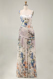 Ivory Ruched A Line Printed Maxi Formal Dress