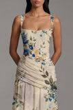 Ivory Ruched A Line Printed Maxi Formal Dress
