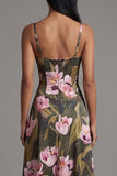 A Line Printed Olive Maxi Formal Dress