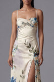 Ivory Ruched Printed A Line Maxi Formal Dress