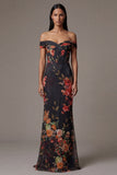 Off the Shoulder Cut Out Mermaid Black Floral Formal Dress