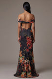 Off the Shoulder Cut Out Mermaid Black Floral Formal Dress