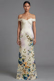 Off the Shoulder Mermaid Cut Out Ivory Printed Formal Dress
