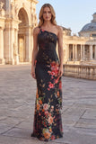 One Shoulder Cut Out Black Floral Mermaid Formal Dress