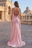 Sparkly Pink Mermaid Ruffled Maxi Prom Dress with Streamer