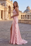 Sparkly Pink Mermaid Ruffled Maxi Prom Dress with Streamer
