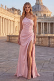 Pink Mermaid One Shoulder Satin Cut Out Maxi Prom Dress