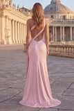 Pink Mermaid One Shoulder Satin Cut Out Maxi Prom Dress