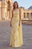 One Shoulder Mermaid Yellow Appliqued Prom Dress with Streamer