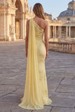 One Shoulder Mermaid Yellow Appliqued Prom Dress with Streamer