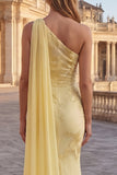 One Shoulder Mermaid Yellow Appliqued Prom Dress with Streamer