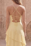 Yellow A Line Ruffled Maxi Prom Dress