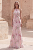 Halter Floral Pink Sequin Mermaid Maxi Prom Dress
