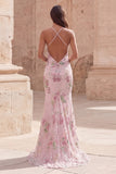 Halter Floral Pink Sequin Mermaid Maxi Prom Dress