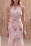 Halter Floral Pink Sequin Mermaid Maxi Prom Dress