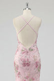 Halter Floral Pink Sequin Mermaid Maxi Prom Dress