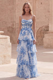 Tiered Blue Floral Corset Maxi Prom Dress