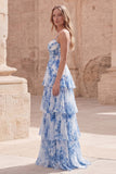 Tiered Blue Floral Corset Maxi Prom Dress