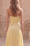 Strapless Yellow A Line Appliqued Maxi Prom Dress