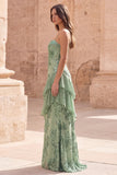 Sage Green Ruffled A Line Appliqued Maxi Prom Dress