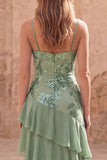 Sage Green Ruffled A Line Appliqued Maxi Prom Dress