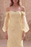 Off the Shoulder Yellow Mermaid Appliqued Maxi Prom Dress
