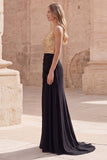 Gold and Black One Shoulder Sequin Maxi Prom Dress