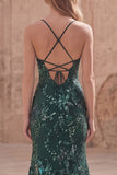 Sparkly Dark Green Mermaid Appliqued Maxi Prom Dress with Slit