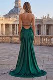 Dark Green Halter Mermaid Satin Prom Dress with Slit