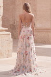 Ivory Floral Strapless A Line Ruched Maxi Prom Dress