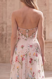 Ivory Floral Strapless A Line Ruched Maxi Prom Dress