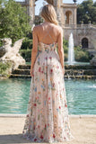 Ivory Floral Ruched A Line Maxi Prom Dress with Slit