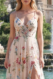 Ivory Floral Ruched A Line Maxi Prom Dress with Slit