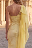 One Shoulder Yellow Mermaid Appliqued Prom Dress