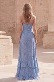 Jacquard Dusty Blue Ruffled Ruched Maxi Prom Dress